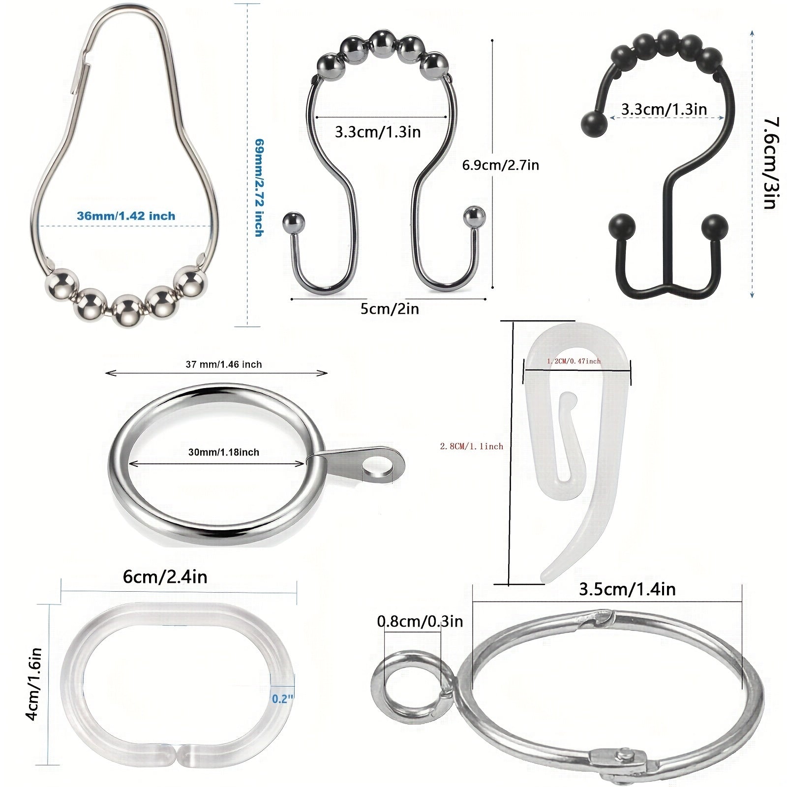 Plastic & Metal Shower Rings for Curtain Bathroom Shower (50pcs)