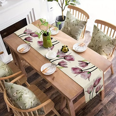Linen Table Runner Retro Tulip Flower Kitchen Dinner Long Runner
