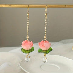 Pink Lotus Lily Pad Dangle Earrings for Girls