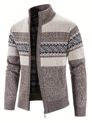Geometric Pattern Stand Collar Cardigan Men's Zip Up Jacket