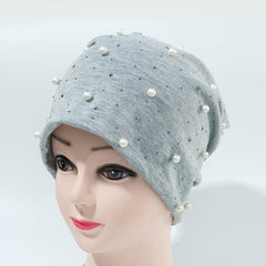 Women's Faux Pearl Beanie Warm Earmuff Stretch Headgear Head Scarf Hat Cap