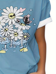 Flower Graphic Short Sleeve T shirt for Summer Sports