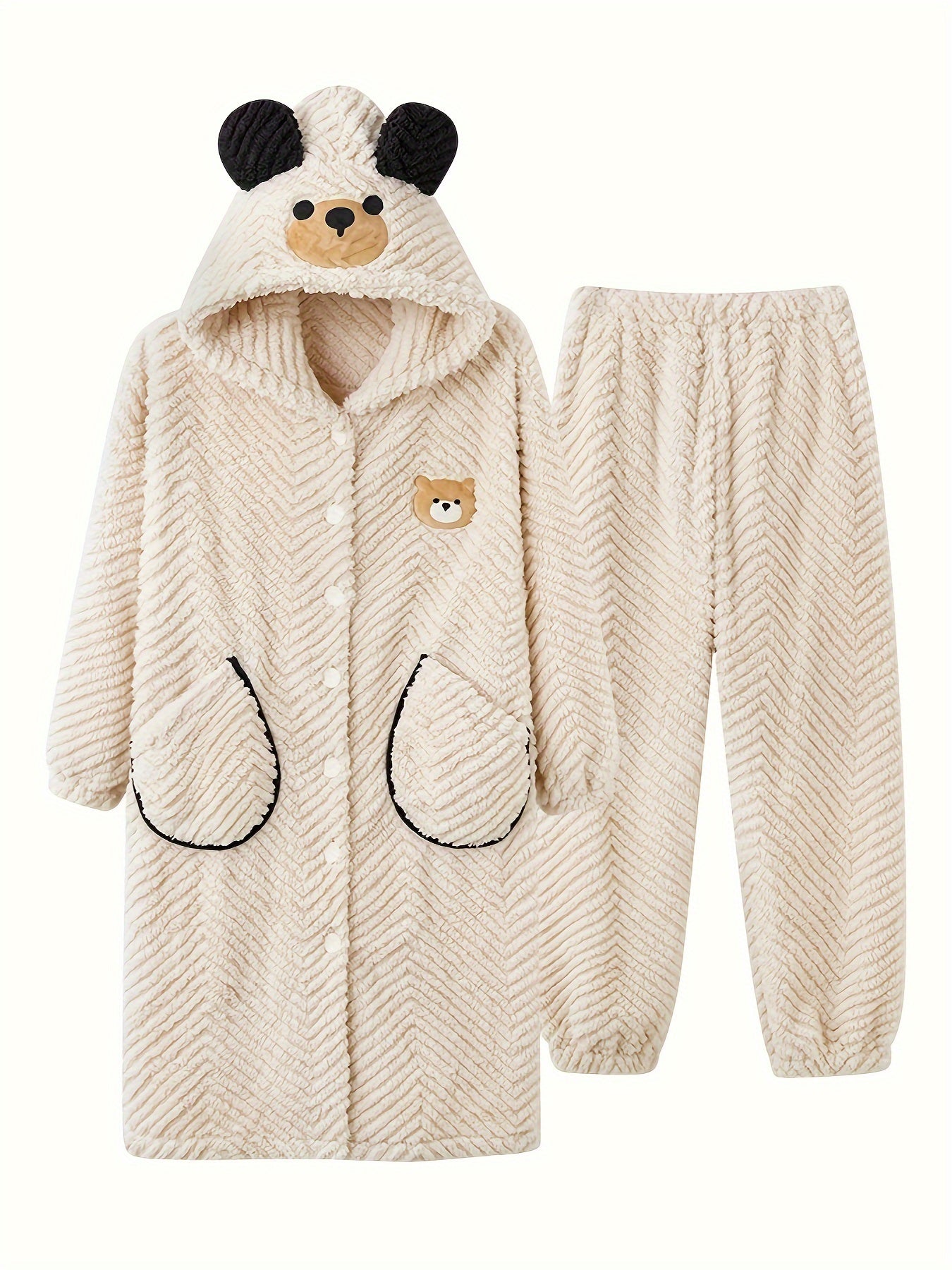 Cat Fuzzy Pajama Set Long Sleeve Hooded Robe & Pants Women's Sleepwear