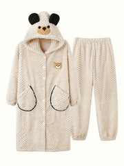 Cat Fuzzy Pajama Set Long Sleeve Hooded Robe & Pants Women's Sleepwear
