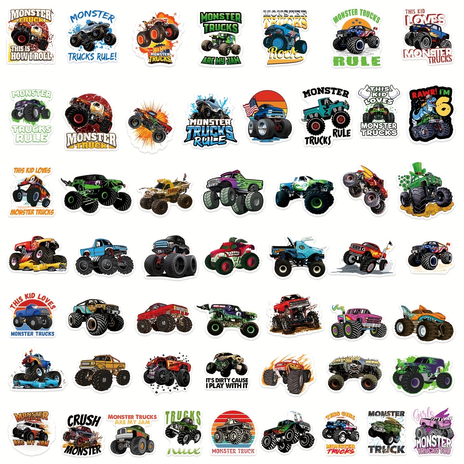 50 Monster Truck Stickers for Helmets Skateboards Water Bottles Laptops