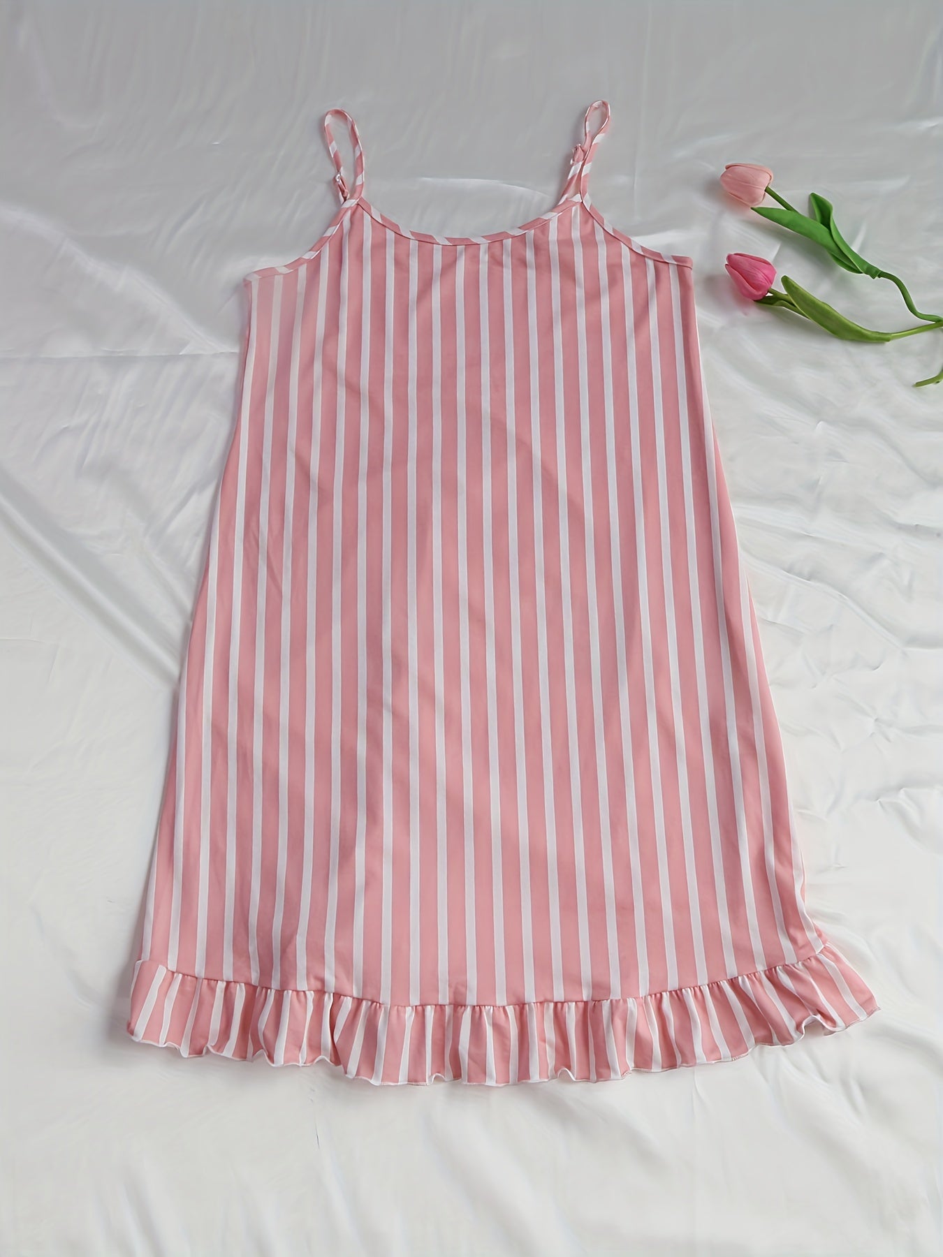 Striped Print Nightdress Sexy Ruffle Spaghetti Strap Sleep Dress