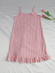 Striped Print Nightdress Sexy Ruffle Spaghetti Strap Sleep Dress