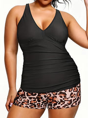 Vacay Tankini Set - Solid V Neck Tank Top & Leopard Shorts