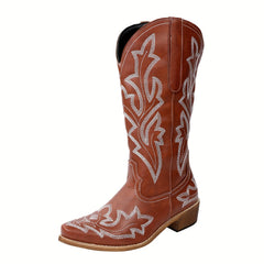 Embroidered Western Mid Calf Boots Cowgirl Pointed Toe Low Heel Slip On Boots
