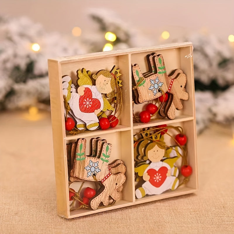 12pcs Wooden Reindeer Doll Christmas Tree Hanging Ornaments