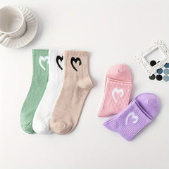 5 Pairs Heart Print Socks Comfy & Breathable Women's Stockings & Hosiery