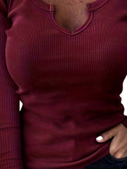 Solid Notched Neck Pullover Sweater Long Sleeve Slim Sweater Women's Clothing