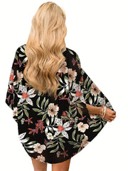 Plant Print Half Sleeve Kimono Cover Up V Neck Comfy Loose Beachwear