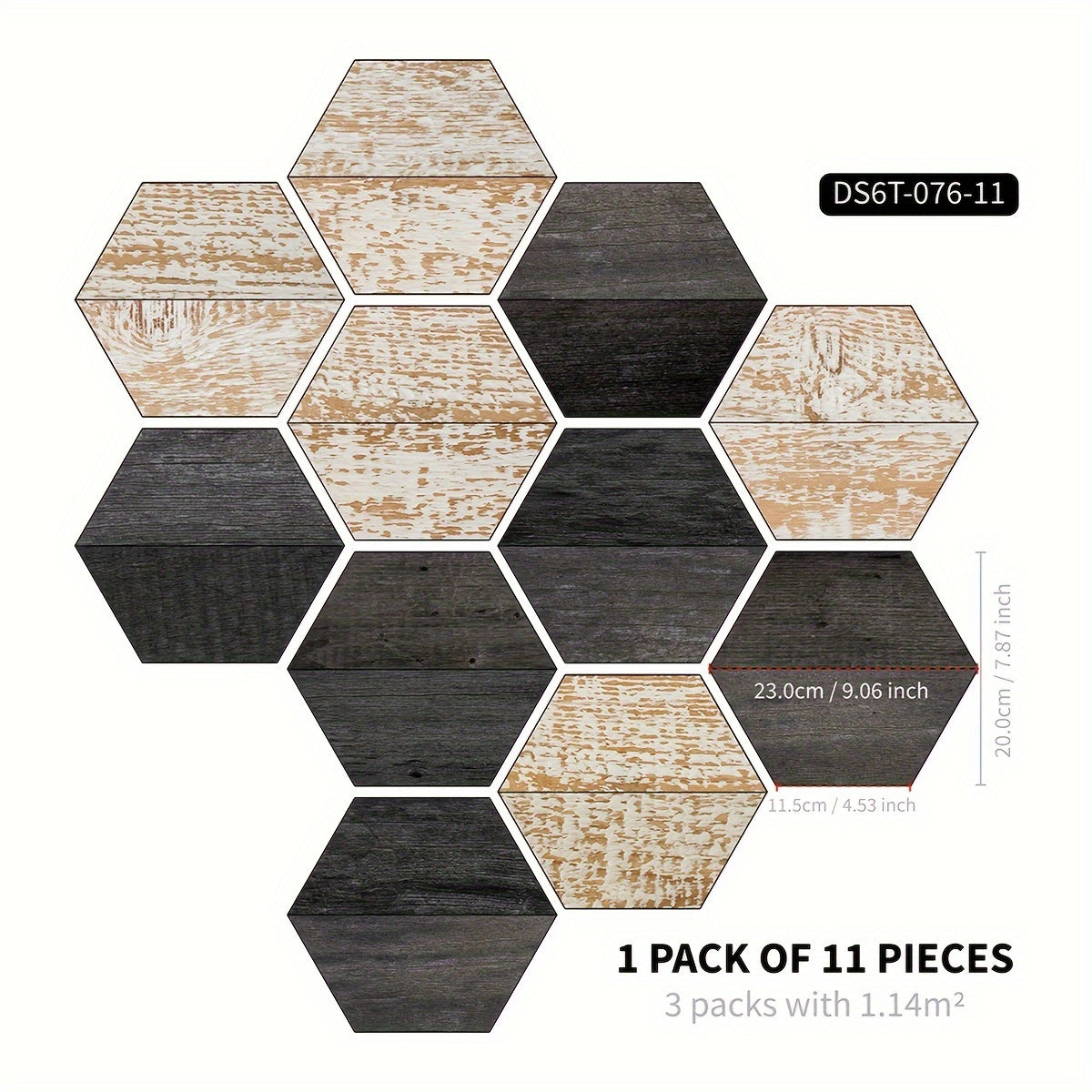 11pcs Wood Grain Pattern Hexagon Floor Stickers Waterproof Non-slip