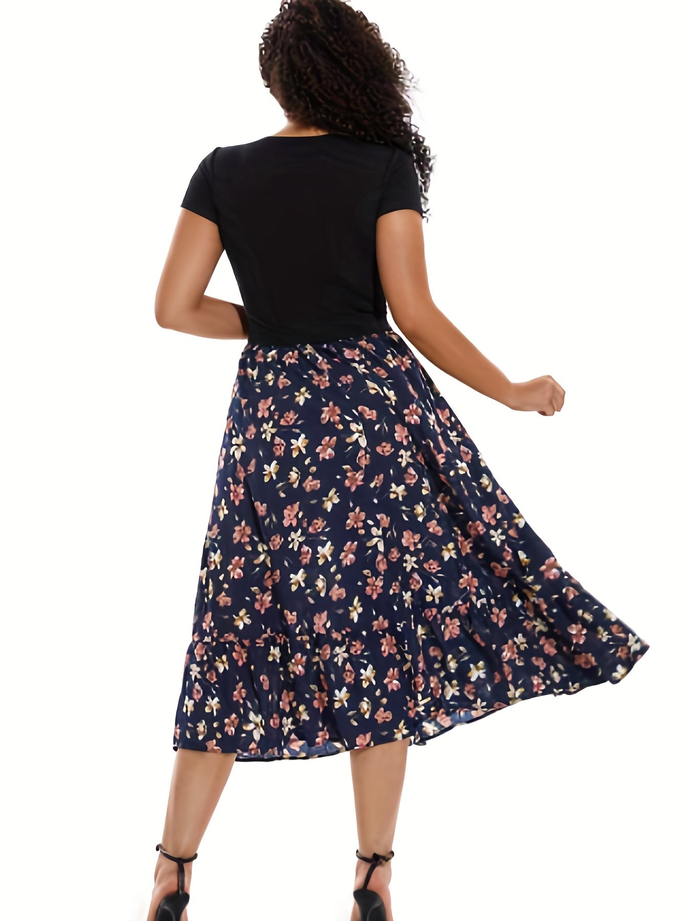Boho Maxi Skirt Plus Ditsy Floral Print High Rise Pleated Maxi Skirt