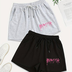 2 Pack Plus Size Sporty Shorts Set Women's Plus Art Letter Print