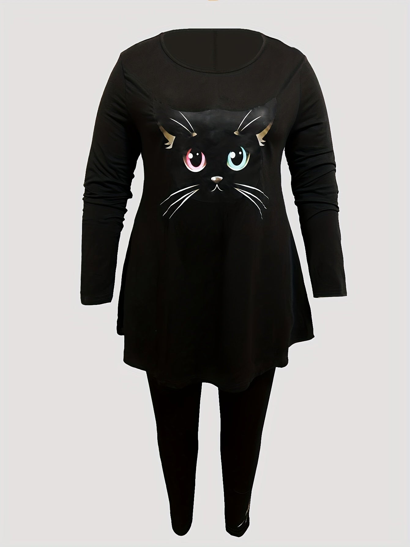 Women's Plus Cat Print Long Sleeve Top & Leggings Outfits Set