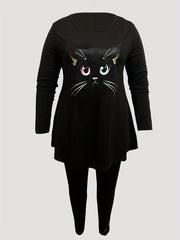 Women's Plus Cat Print Long Sleeve Top & Leggings Outfits Set