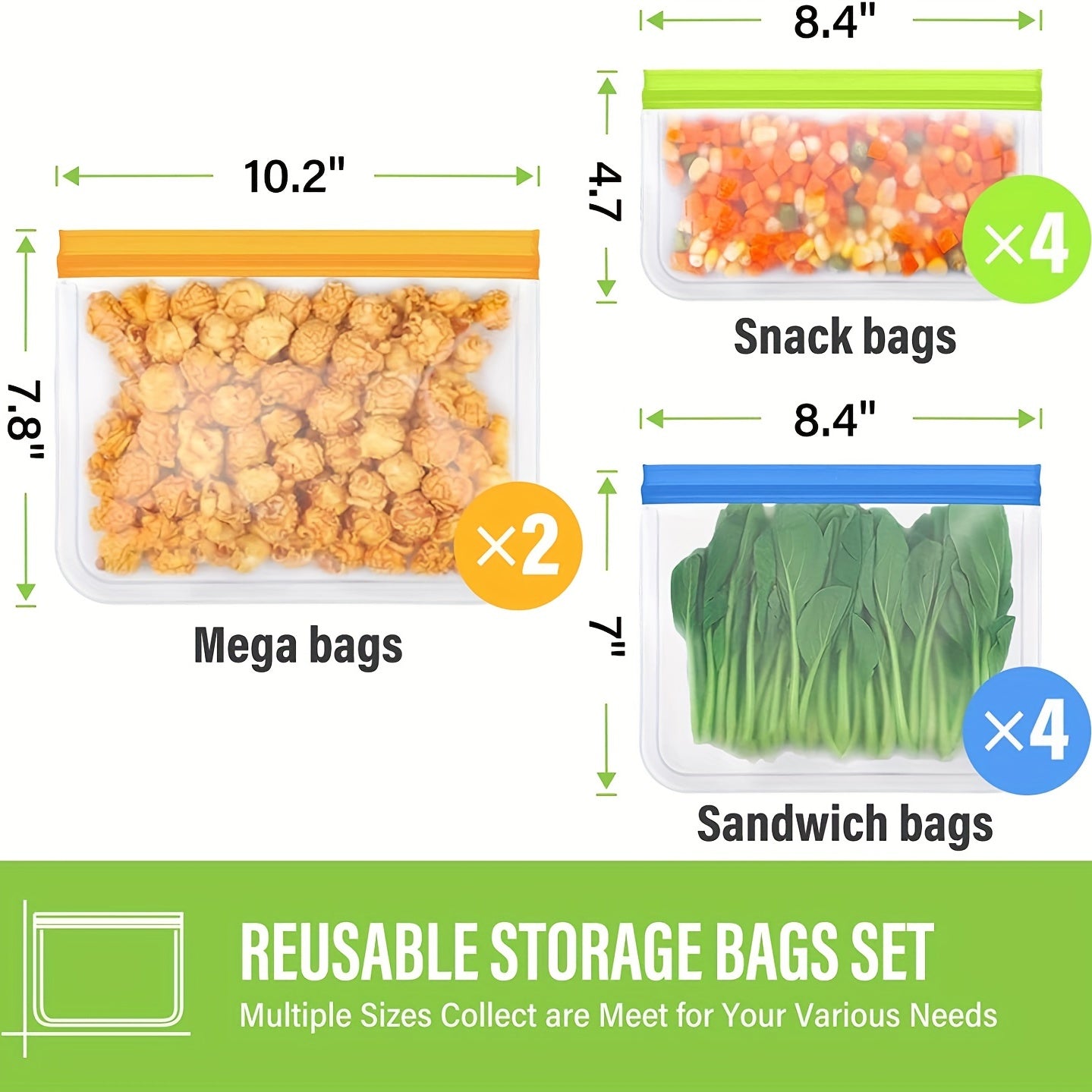 10pcs Reusable Food Storage Bags Leakproof Snack and Sandwich Bags