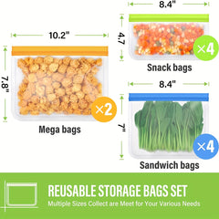 10pcs Reusable Food Storage Bags Leakproof Snack and Sandwich Bags