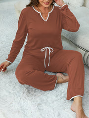 Contrast Trim Tee & Lace Up Pants Lounge Set Pajama