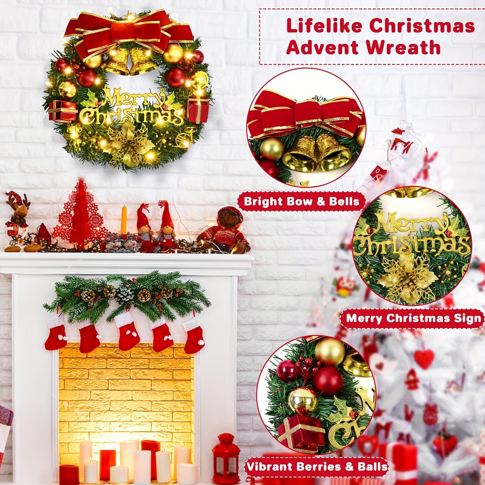 Christmas Golden Bell Wreath with Colored Balls & Bow