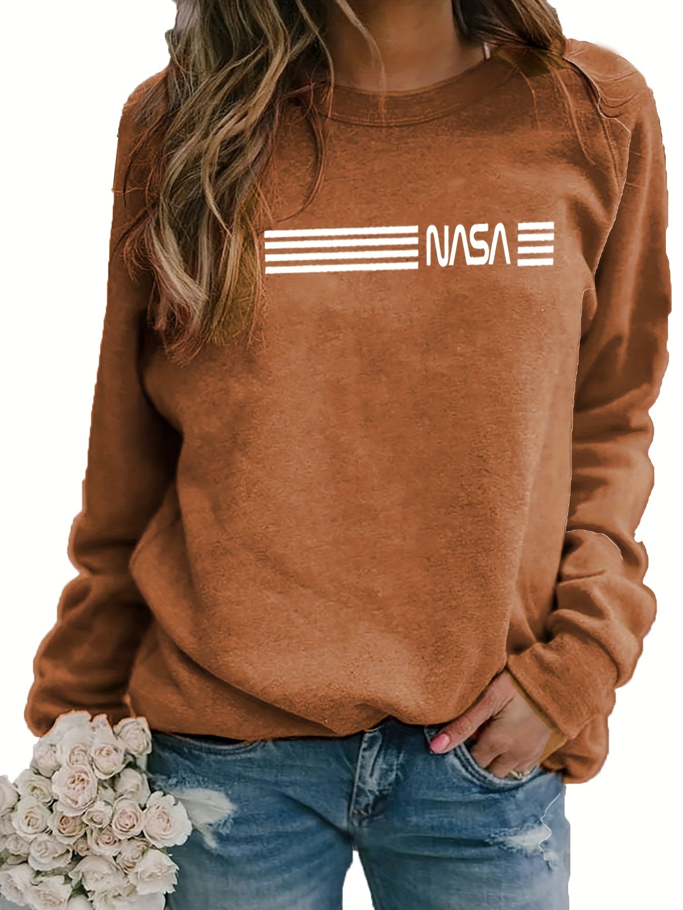 Letter Print Crew Neck Sweatshirt Women's Clothing