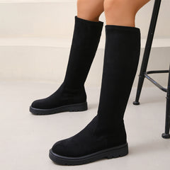 Women's Stretch Knee High Boots Solid Round Toe Pull On Long Boots Comfort