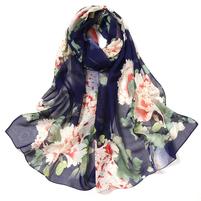 Chiffon Flower Print Soft Wrap Scarf Long Silk Shawl