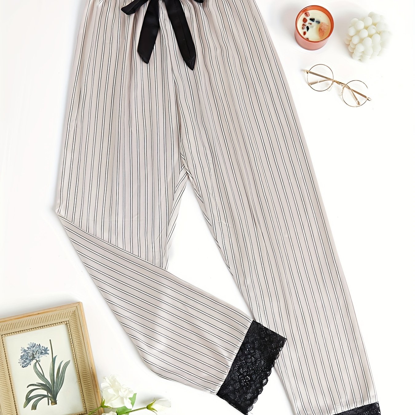 Striped Lace Trim Sleep Bottoms Casual & Comfy Bow Decor Sleep Pants