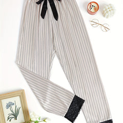 Striped Lace Trim Sleep Bottoms Casual & Comfy Bow Decor Sleep Pants