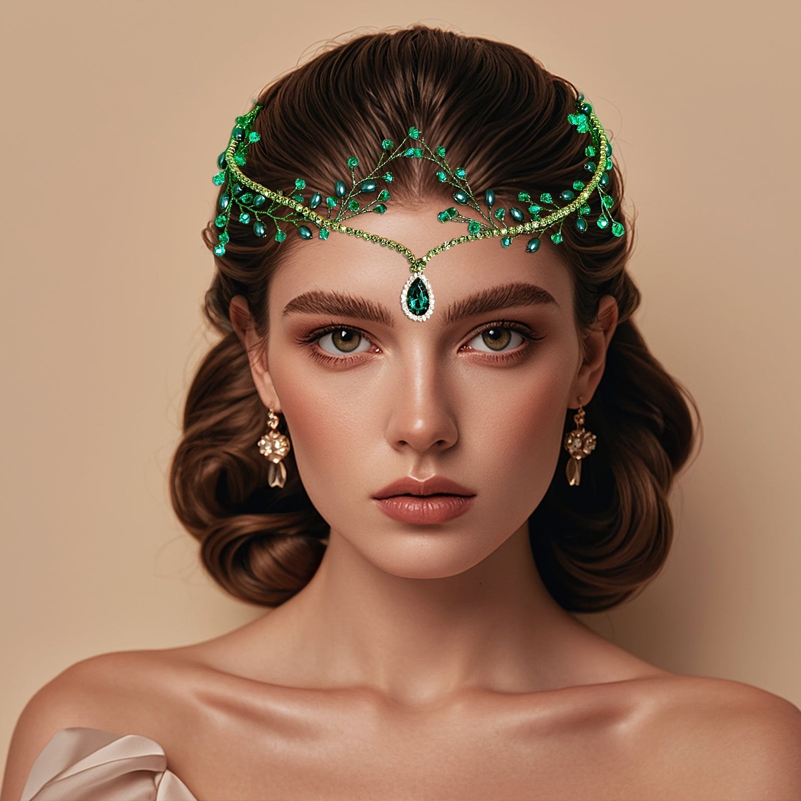 Bohemian Bridal Headpiece Green Gemstones Wedding Party Hair Accessory