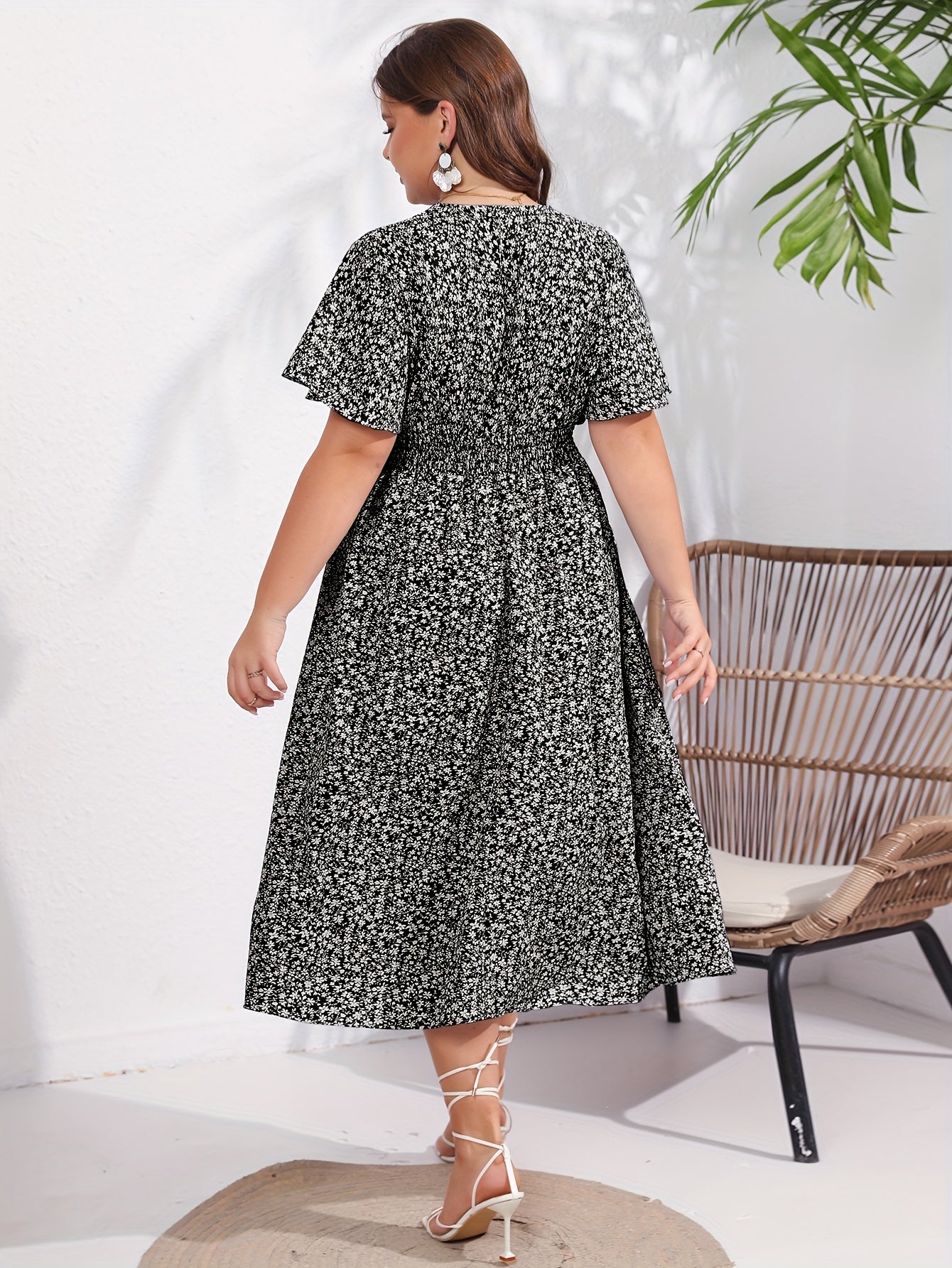 Boho Dress Women's Plus Floral Print Short Sleeve V Neck Dress