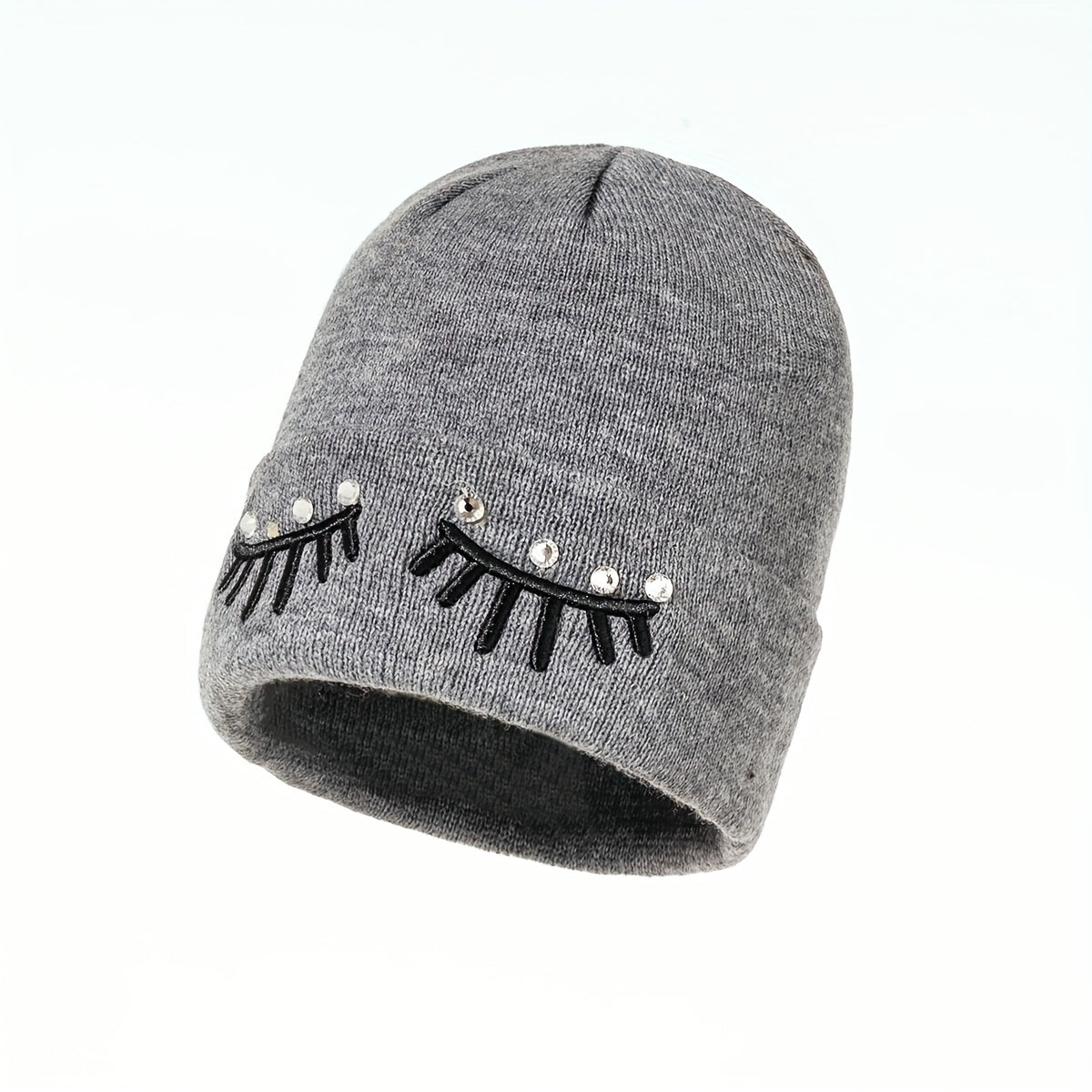 Gray Eyelash Embroidery Knit Beanie Hat