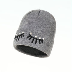 Gray Eyelash Embroidery Knit Beanie Hat
