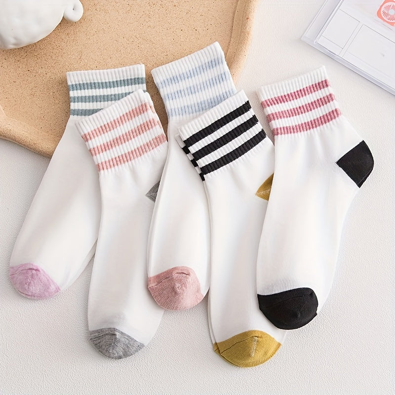 5 Pairs Striped Trim Sports Short Socks Women's Stockings