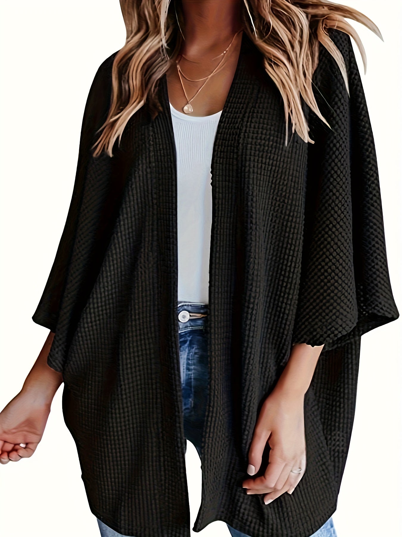 Casual Cardigan Women's Plus Solid Waffle Knit Open Front Cardigan