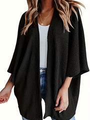 Casual Cardigan Women's Plus Solid Waffle Knit Open Front Cardigan