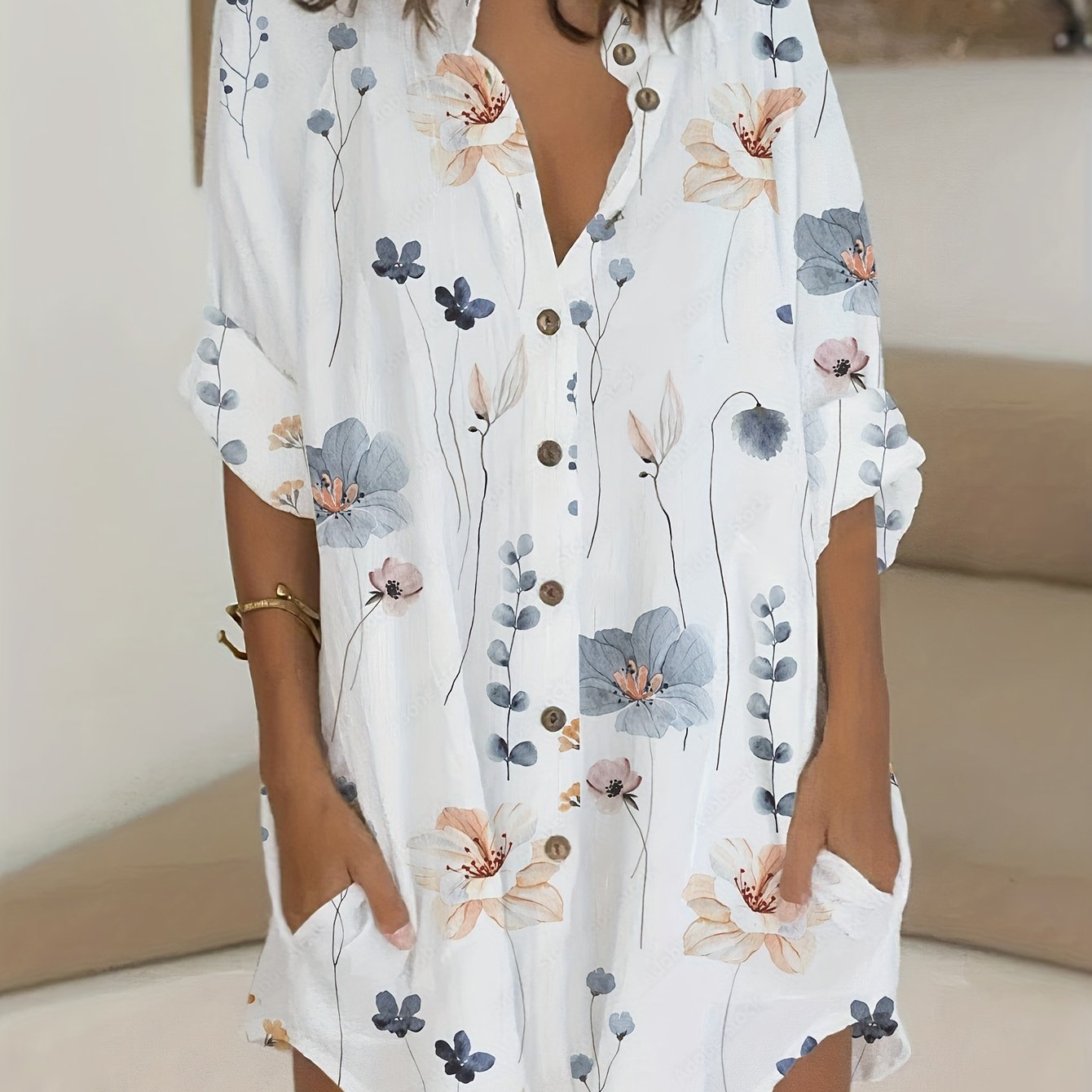 Floral Print Button Up Long Sleeve Tunic Shirt