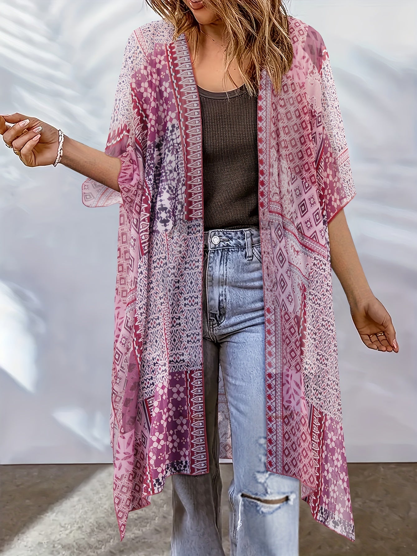 Boho Cover Up Women's Plus Scarf Print Bat Sleeve Open Front Cover Up