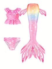 Girl's Mermaid Swimsuit 3pc Ruffled Bikini Set & Mermaid Tail