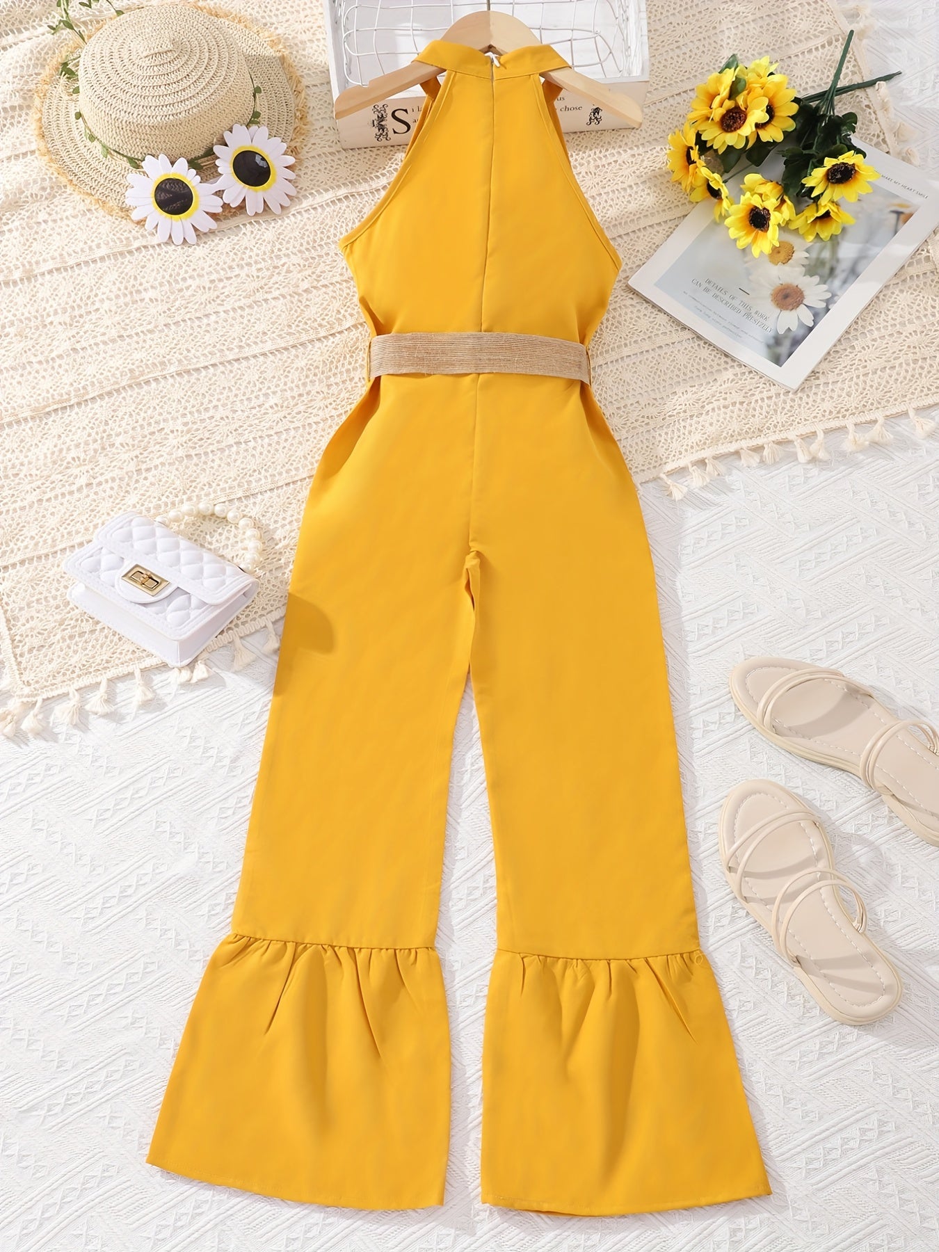 Girls' Bell Bottom Halter Jumpsuit with Belt