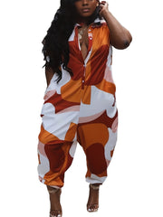 Casual Jumpsuit - Short Sleeve Button Up Collar Jumpsuit