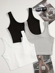 Solid Tank Top 3 Pack Sleeveless Crew Neck Sexy Summer Blouse