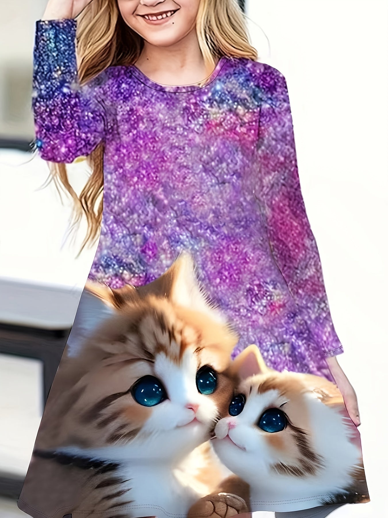 Girls Dreamy Kitty & Starry Sky Graphic Crew Neck Long Sleeve Dress