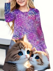 Girls Dreamy Kitty & Starry Sky Graphic Crew Neck Long Sleeve Dress