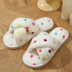 Polka Dots Pattern Slippers Casual Cross Strap Plush Slip On Furry Slippers