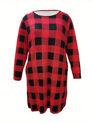 Women's Plus Gingham Print Long Sleeve Dress w/ Pockets
