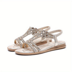 Boho Flower Rhinestone Sandals Open Toe Slip On Elastic Strap Beach Sandals
