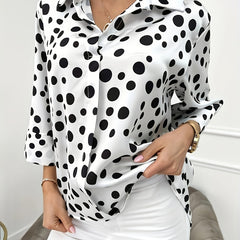 Polka Dot Print Button Up Blouse 3/4 Sleeve
